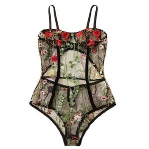 Floral Applique Black Nylon Bodysuit Size Medium